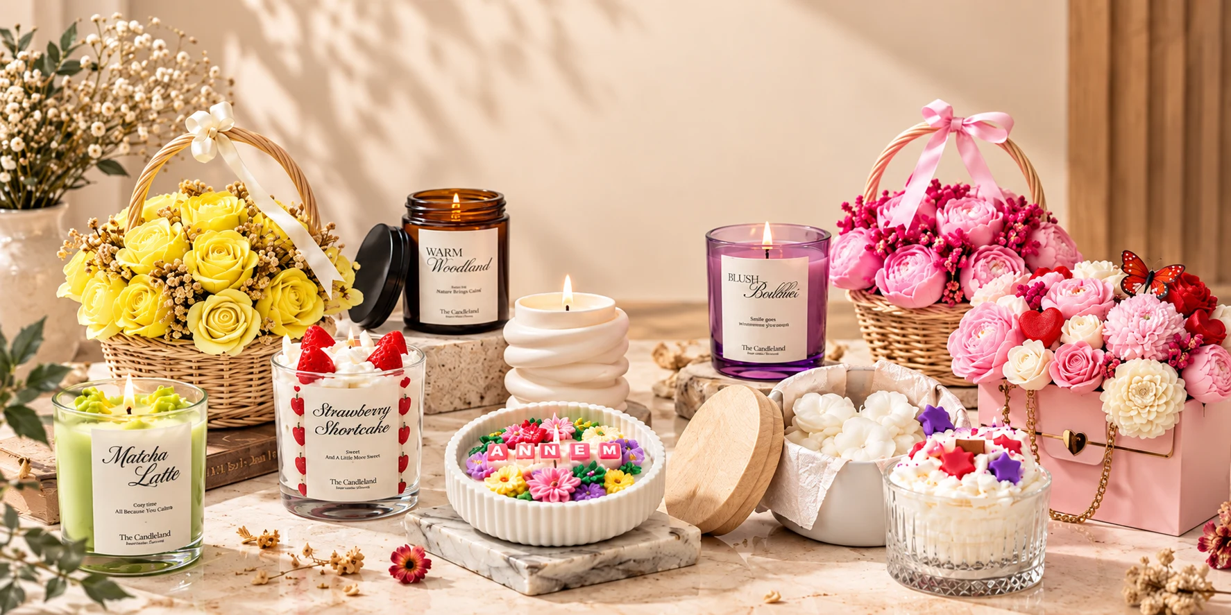 The Candleland renkli mum buketleri ve dekoratif bardak mumları